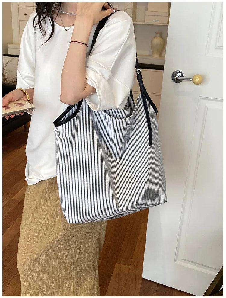 Casual Stripe Canvas Lightweight Shoulder Tote Bag for Women