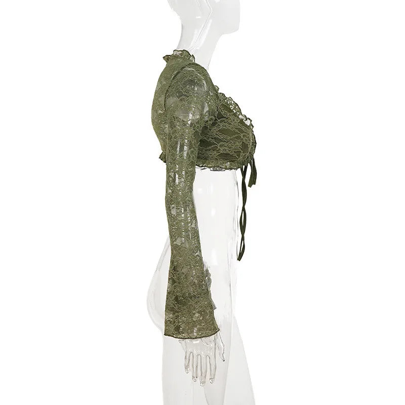 Green Sheer Lace V-Neck Flare Sleeve Top for Women
