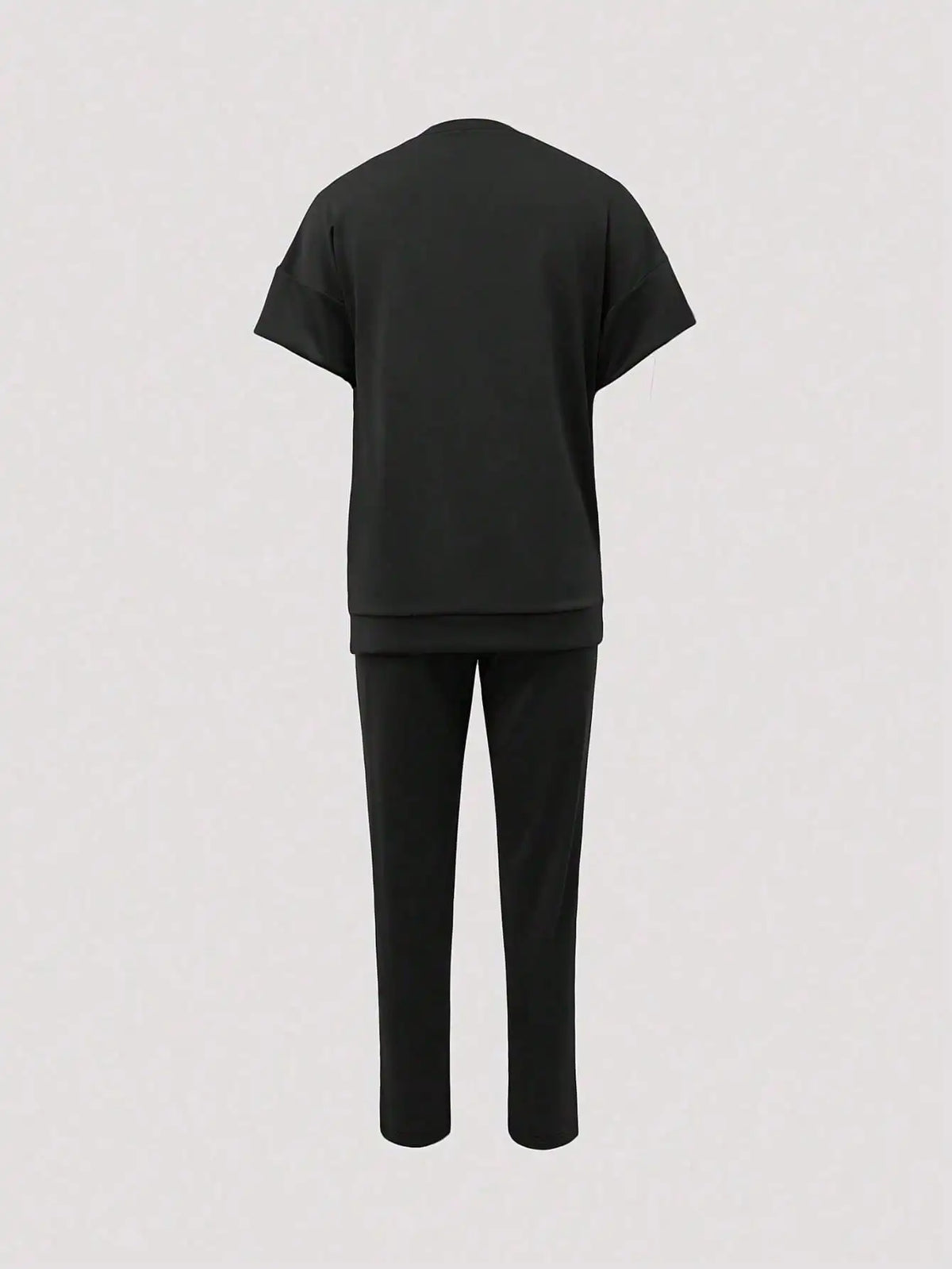 New Spring and Summer Ladies' Set: Comfortable Solid-Color Short-Sleeve Top with Elastic Waist Pocketed Long Pants Two-Piece Set, Soft Stretch Polyester-Acrylic Fabric