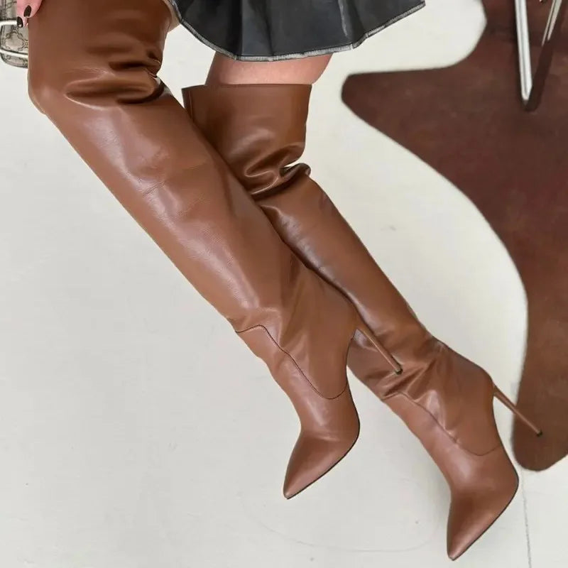 Glossy Brown Pleated Stiletto Over The Knee Pointed Toe Boots for Women