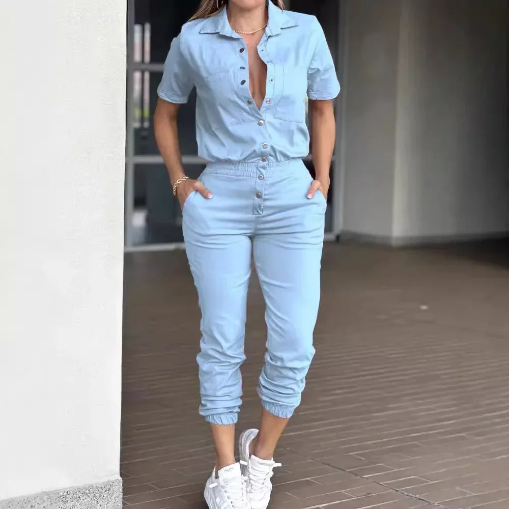 Women's Jumpsuit Summer 2025 Fashion Ankle Tied with A Lapel Pocket and Elastic Buttons At The Waist Short Sleeved Bodysuit Pant