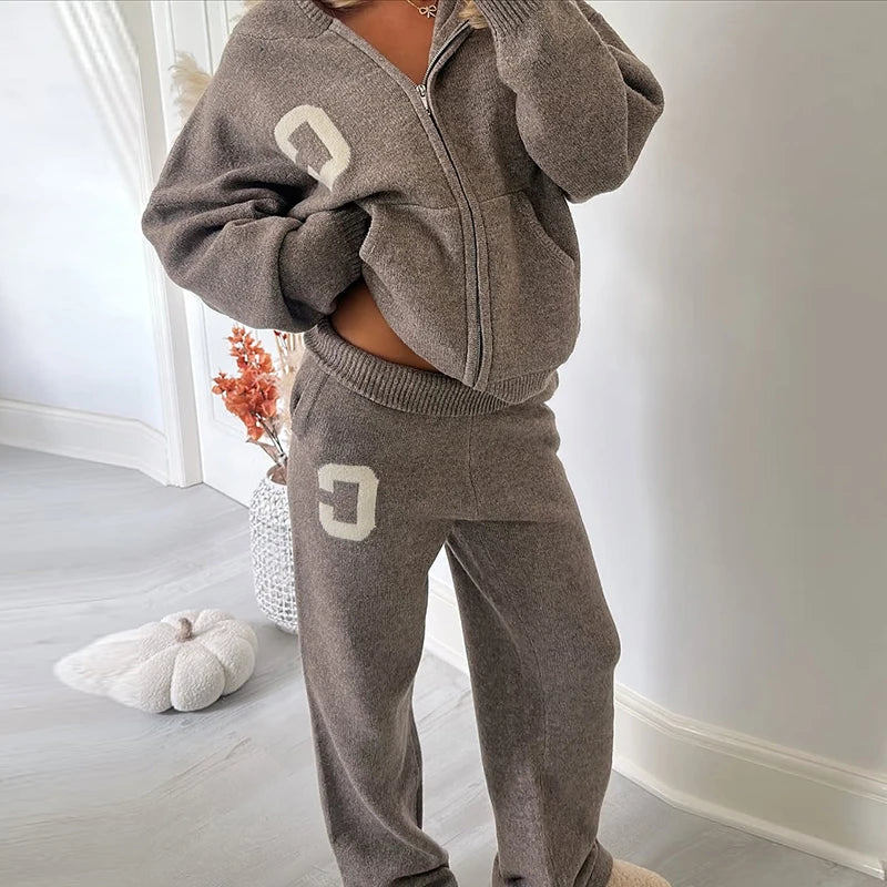 Letter Print Hooded Two Piece Set With Wide Leg Pants for Women