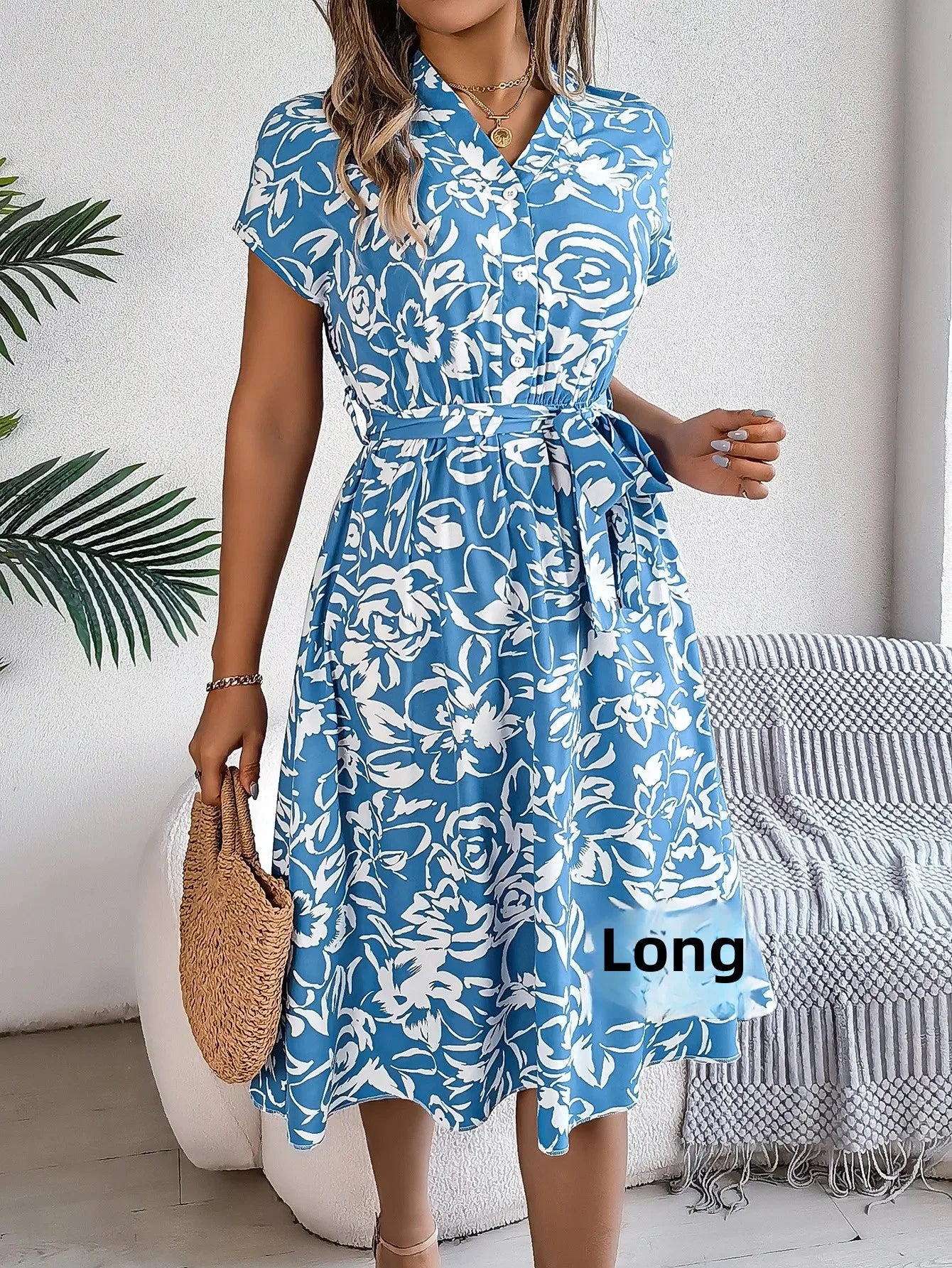 Casual V-neck Button Batwing Sleeve Floral Maxi Dress Spring Summer 2024 Women's Clothing Cross-Border Fashion Dress