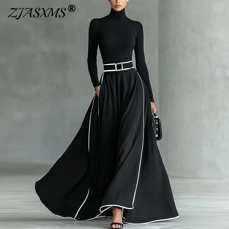 Spring Turtlenck High Waist A-Line Long Dress Woman Elegant Contrast Swing Party Dress Autumn Long Sleeve Pocket Boho Maxi Dress