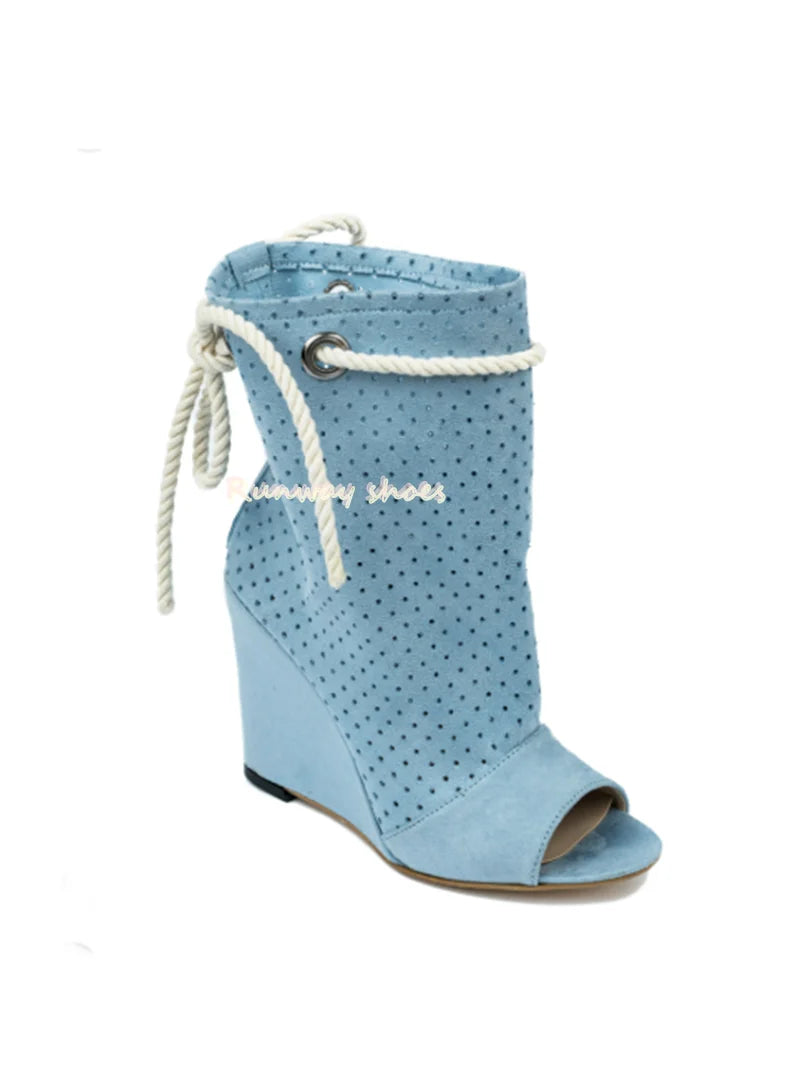 Breathable Suede Round Toe Open Toe Lace Up Ankle Boots for Women