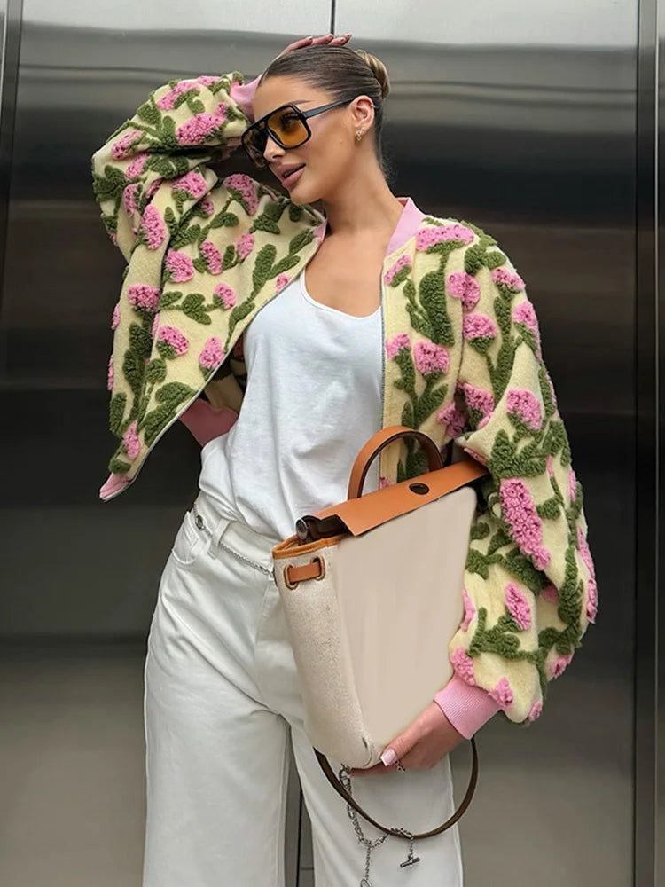 Casual Floral Print Bomber Jacket With Collar For Women