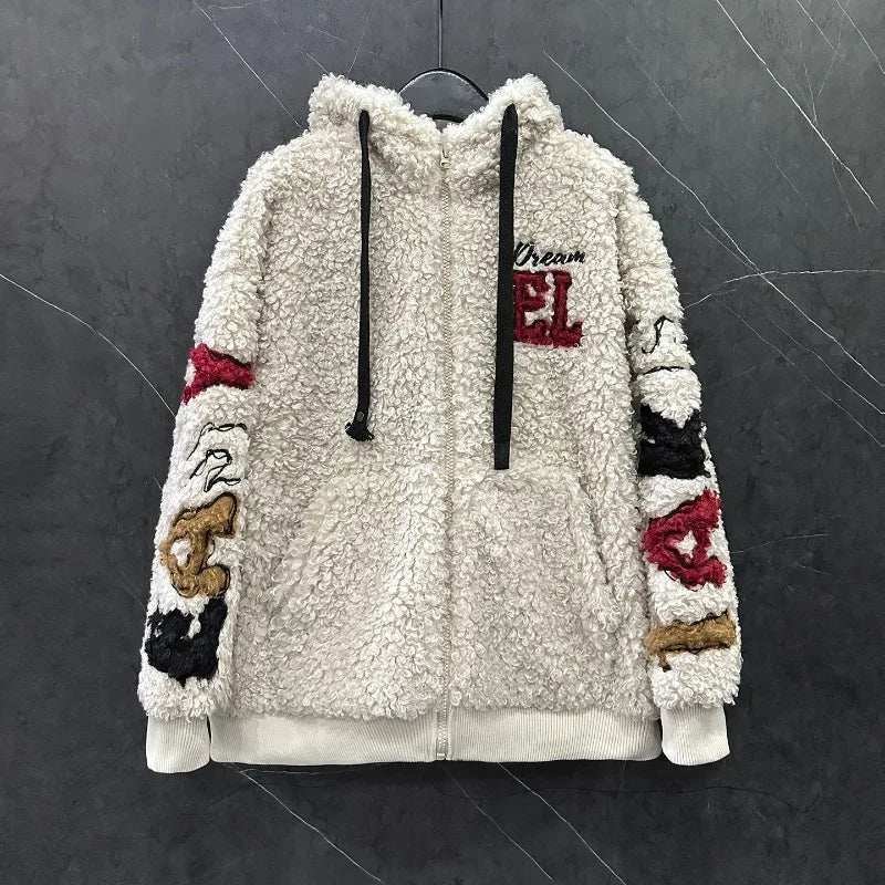 2025 Autumn Winter Heavy Industry New Cartoon Lamb Wool Hooded Cardigan Coat For Women's Loose Casual Sweet Top Zipper Jacket