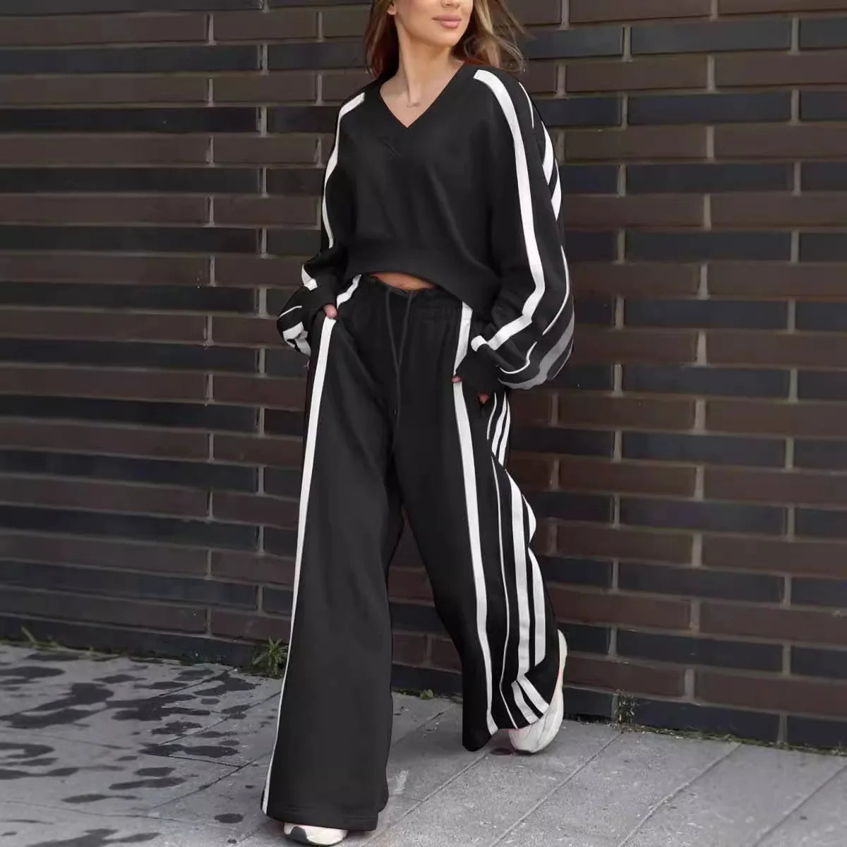 V Neck Cropped Top Color Block Set
