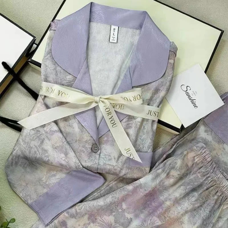 Flowers Twill Print Classy Women's Pajamas Spring Autumn Two-piece Sets Long Female Lounges Simulated Silk 2024 New Y2k Homewear