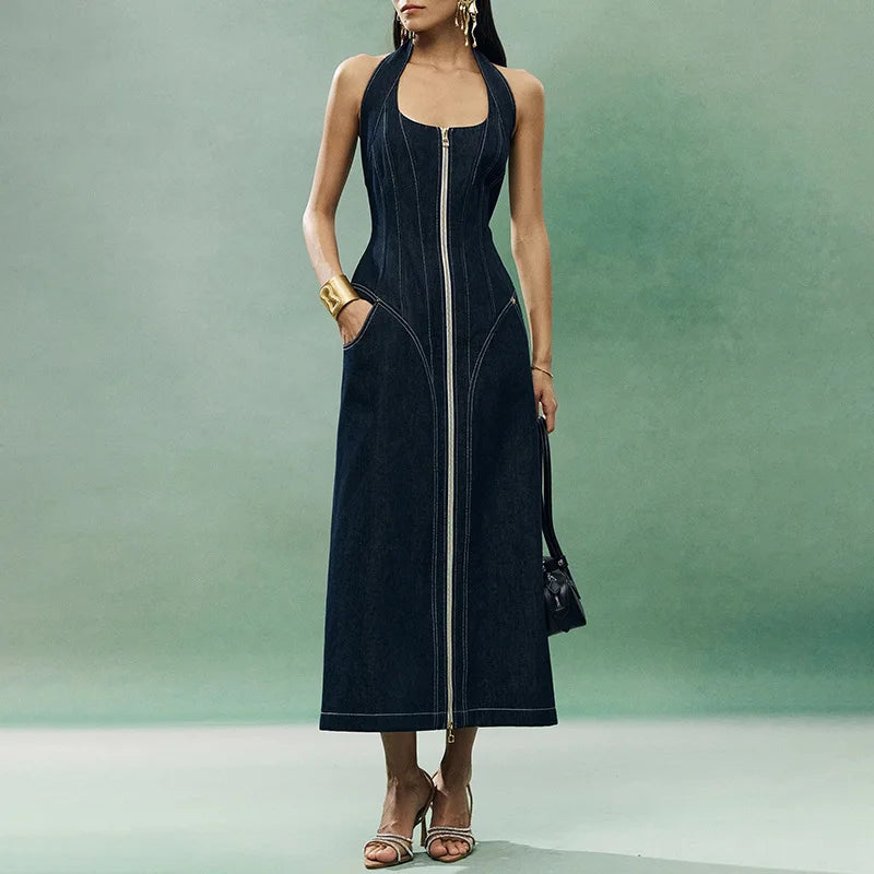 ANJY Summer New Women's Tide High Street Y2K Chic Trendy Sleeveless Halter Neck Backless Waist Cinching Zipper Denim Dress A8053