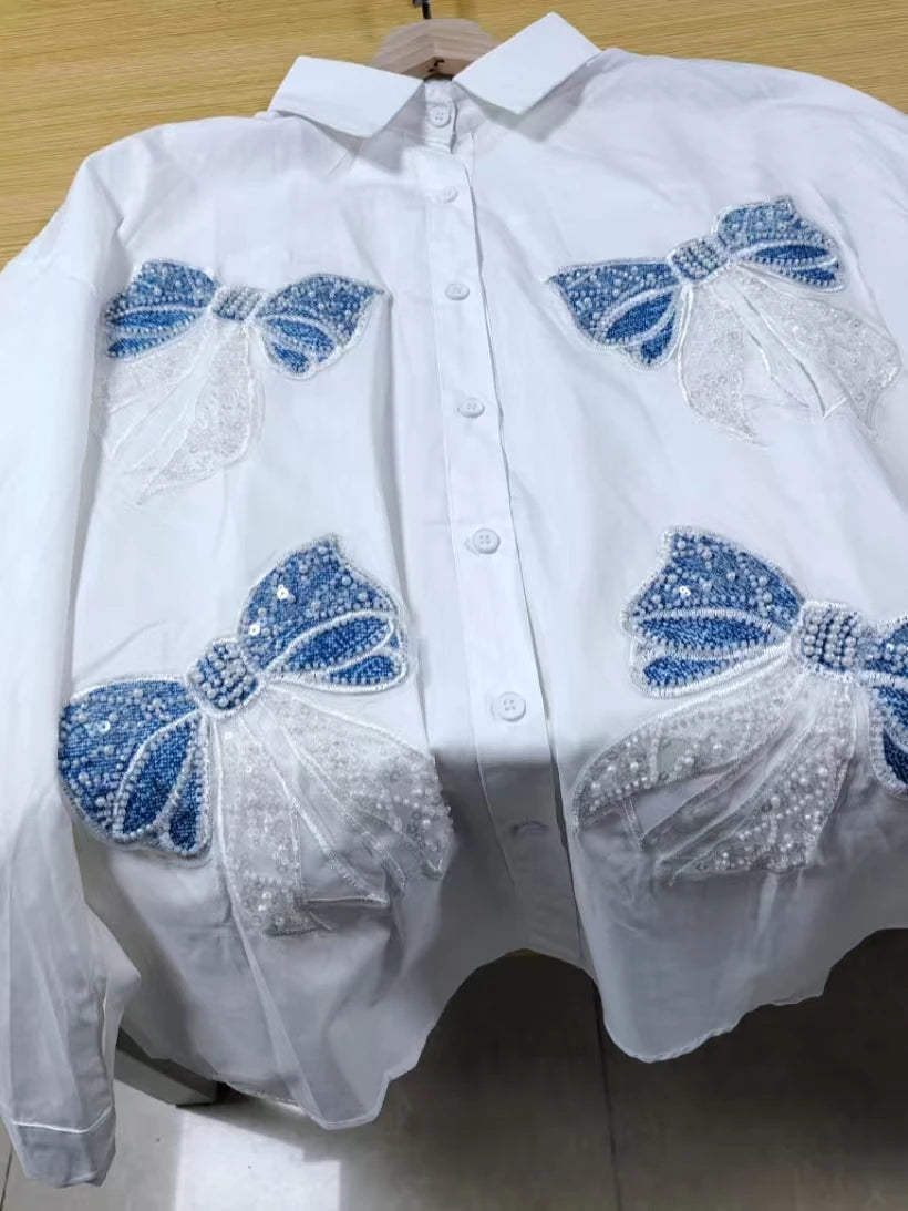 Luxury Diamonds Sequins Pearls Cotton Blouses Shirts for Women 2025 Autumn Trend Shirt Long Sleeve Tops Camisas De Mujer