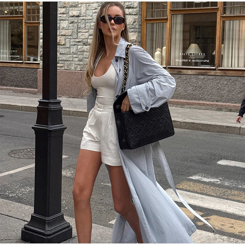 Lapel Collar Button Front Long Trench Coat With Waist Belt for Women