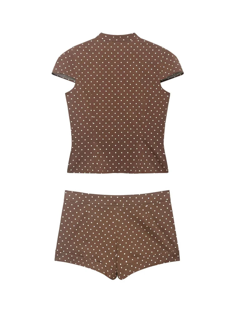 Elegant Polka Dot Button T Shirt and Shorts Set for Women