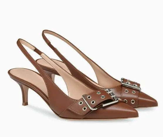 Matte Leather Big Buckle Kitten Heel Slingback Sandals for Women