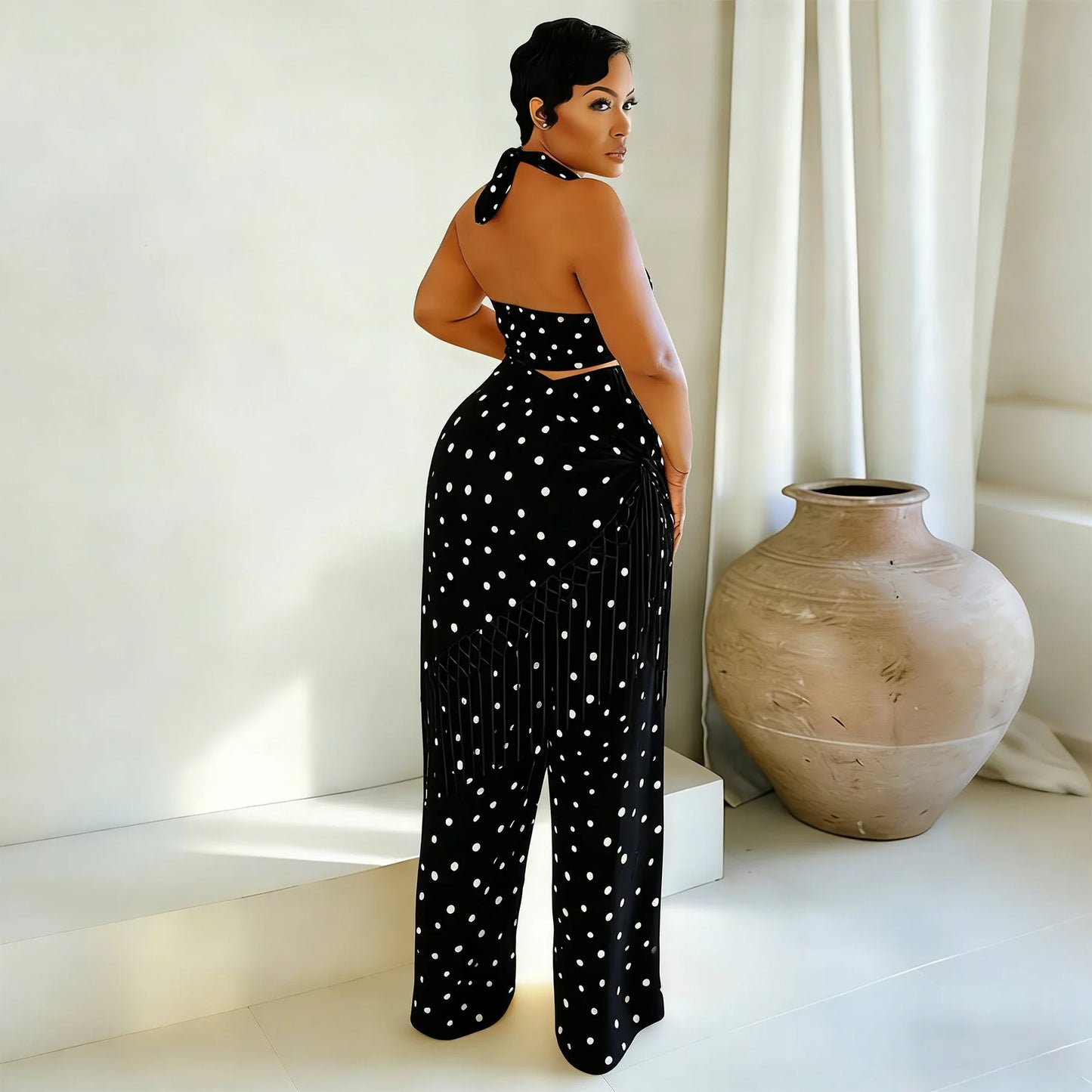 Polka Dot Print Halter Crop Top Tassel Fringe Two Piece Outfit for Women