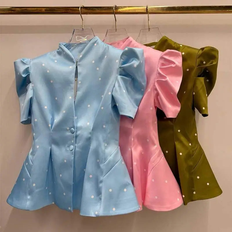 Elegant Printed Puff Sleeve Stand Collar Shirt for Women