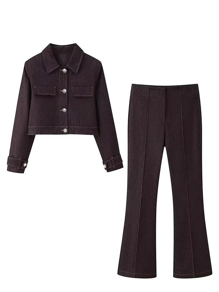 Lapel Jacket and Bell Bottom Pants Two Piece Set for Women