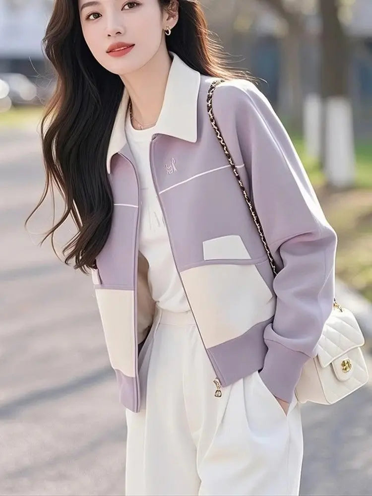 Purple Slim Fit Zip Up Knit Cardigan With Pockets For Women