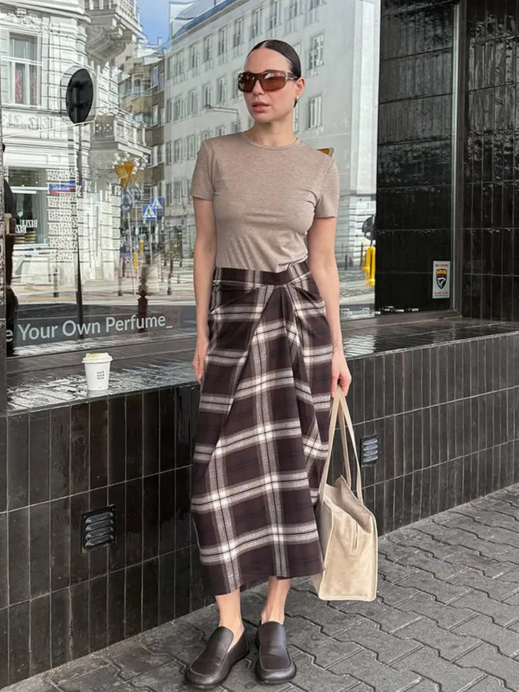 Women Checked Midi Skirt Fashion Casual Pleated Irregular High Waist Slim Mid-length Bottom Lady Daily New Commute Street Skirts
