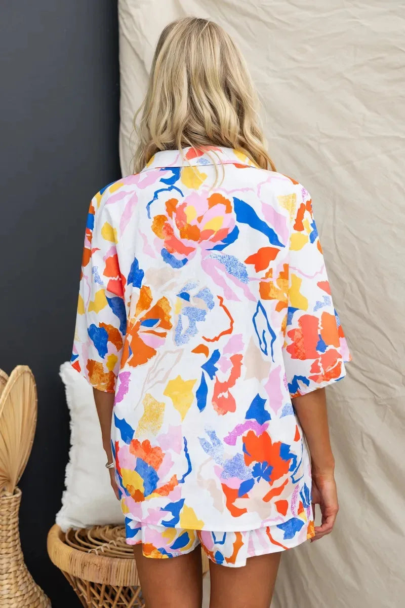 Summer Women Retro Print Short Sleeve 2PCS Loose Suits Casual V-Neck Shirt Top Elastic Waist Short Pants Sets Beachwear