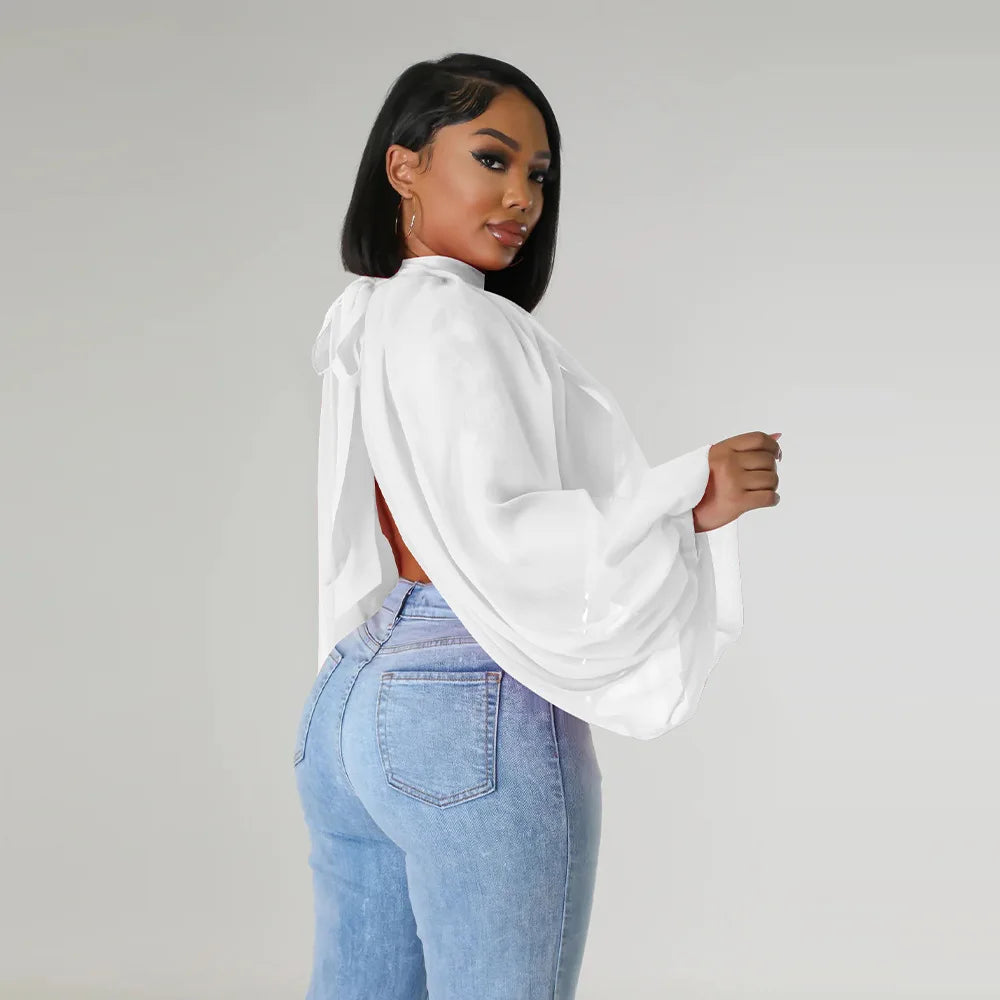 Sheer Lantern Sleeve Blouse with Tie Back for Women