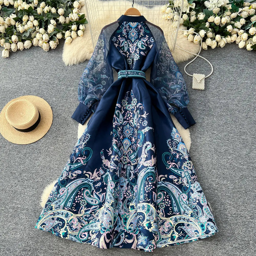 Elegant Printed Mesh Spliced A Line Maxi Dress for Women