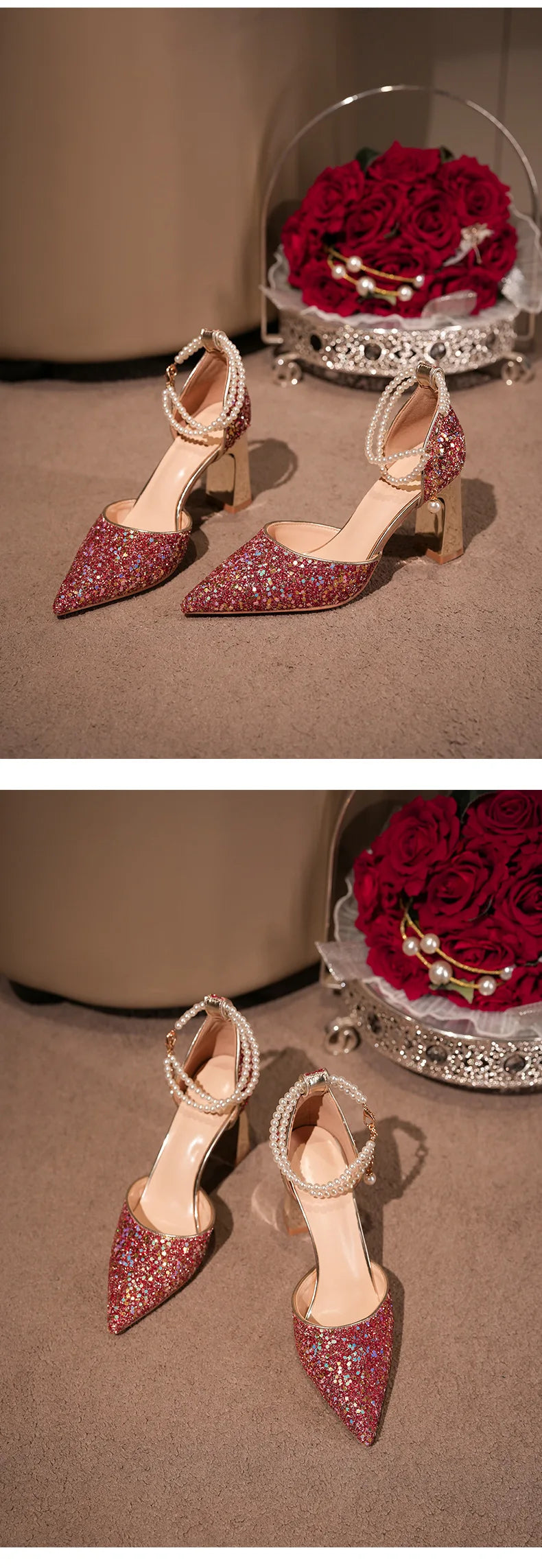 Pearl Embellished High Heel Ankle Strap Sandals for Women