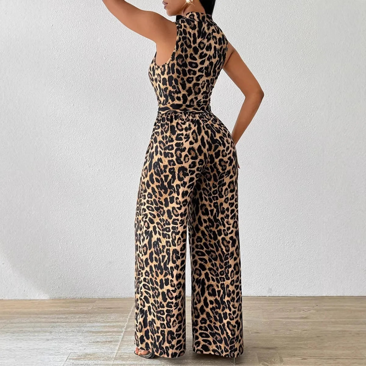 Sleeveless Leopard Print Ankle Length Jumpsuit for Women