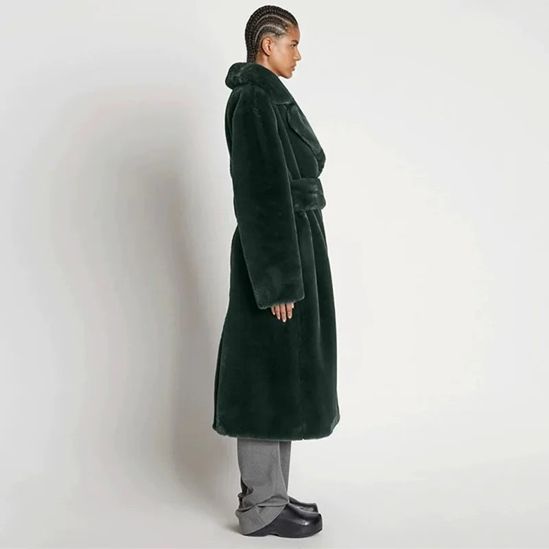 Long Belted Faux Fur Winter Coat