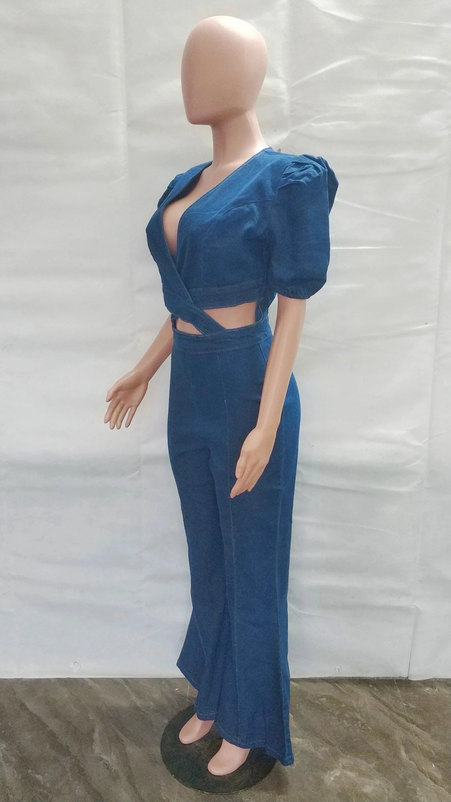 Wide Leg Denim Jumpsuit Sexy Women V-neck Elegant Blue Hollow Out Jeans Casual Romper Overalls