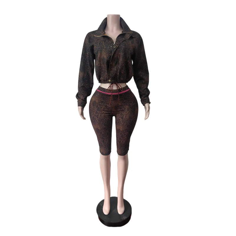 Leopard Print Jacket And Shorts Two Piece Set for Women