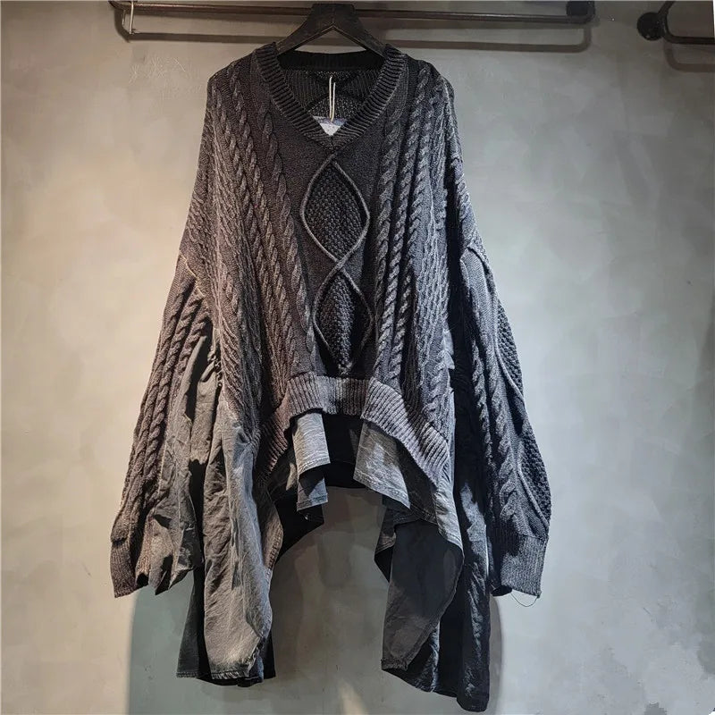 YEAE personalized old twist weaving splicing women's knitted sweater long-sleeved V-neck ruffle leaf edge autumn and spring new