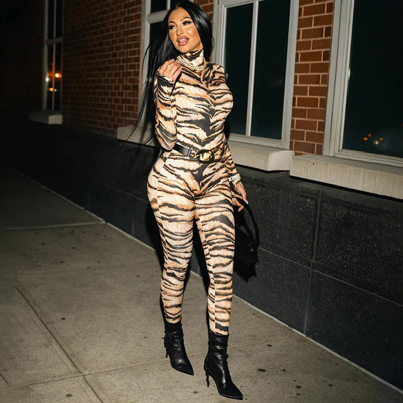 Tiger Print Patchwork Long Sleeve Bodycon Jumpsuit for Women