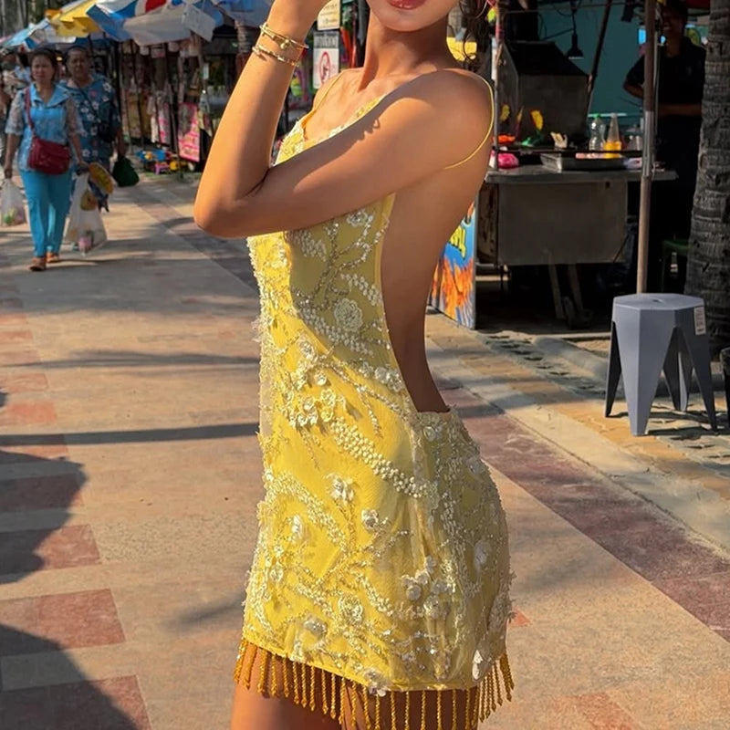 Floral Embroidery Off Shoulder Backless Mini Dress for Women
