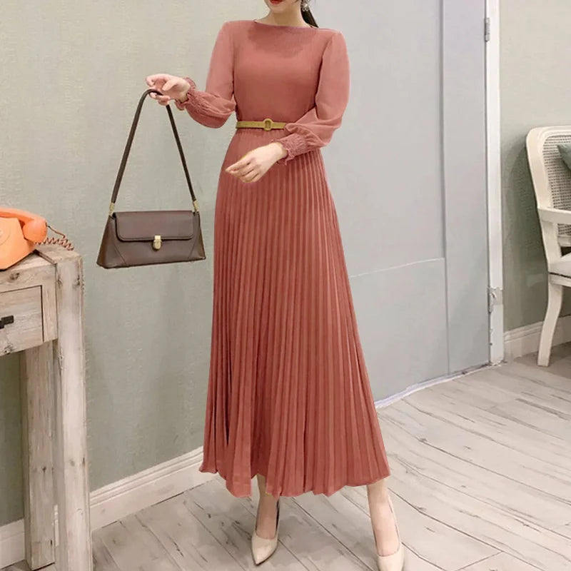 Pleated Lantern Sleeve Maxi Dress