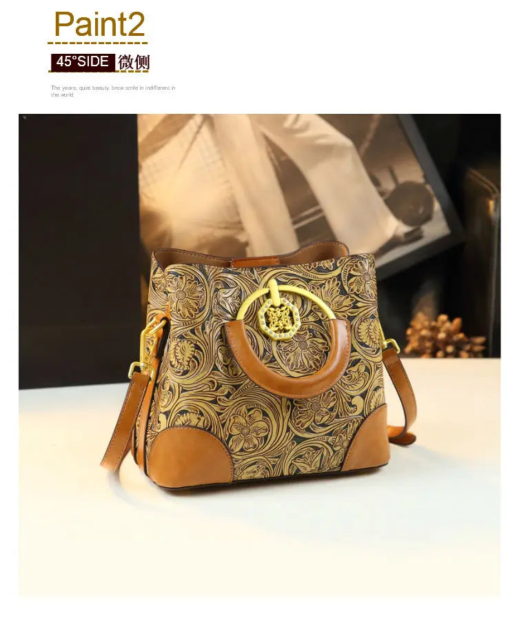 Retro Cowhine Carved Women Bag Handhold Bucket Leather Commuting Shoulder Underarm Crossbody Bags for Women
