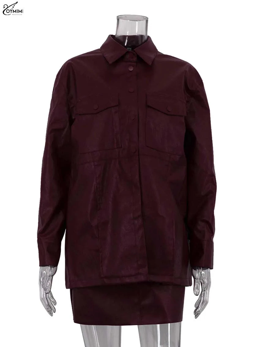 Oymimi Fashion Wine Red Pu Leather Women's Two Pieces Set Elegant Long Sleeve Button Shirts And Spaghetti Strap Mini Dress Sets