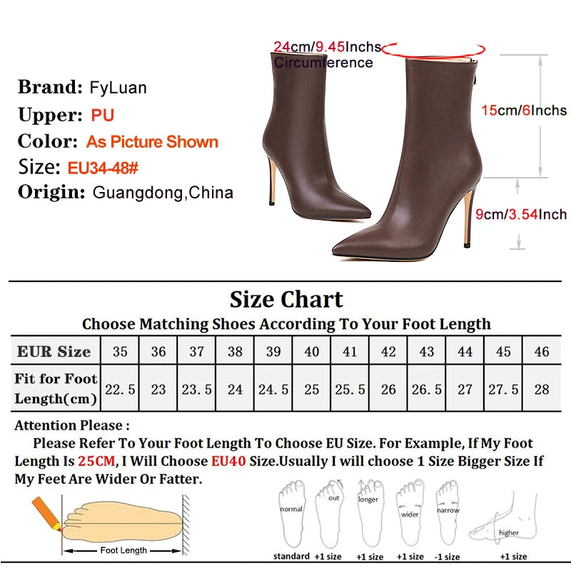 Elegant Plus Size Leather Pointed Toe High Heel Ankle Boots for Women