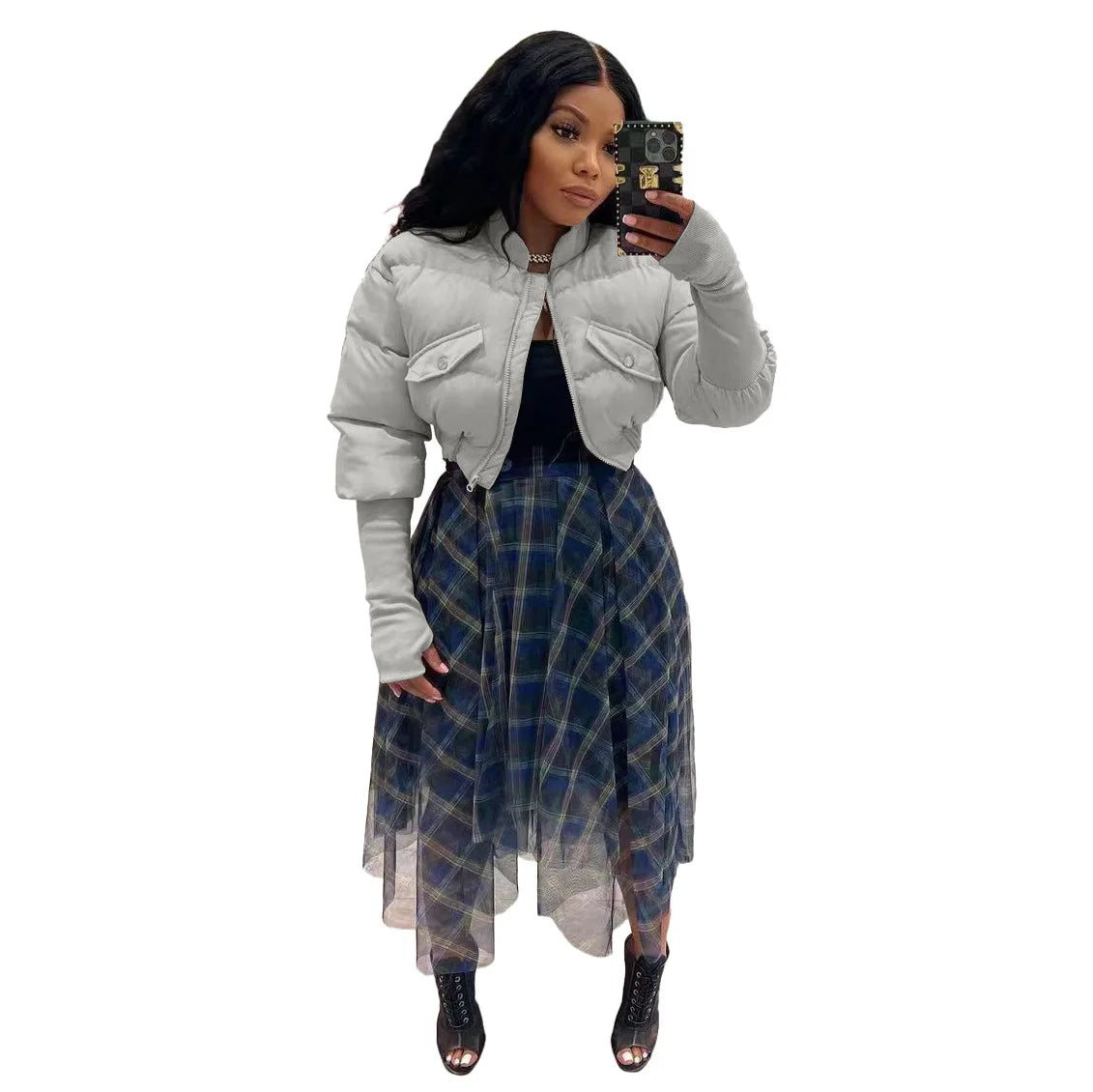 Warm Stand Collar Zippered Short Parka Jacket for Women