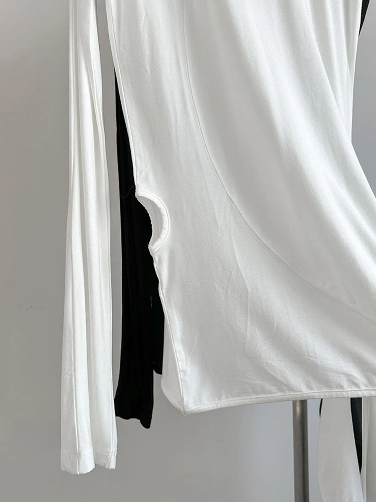 [EAM] Women White Irregular Hem Elegant Long Slim T-shirt New Round Neck Long Sleeve Fashion Tide Spring Autumn 2025 1DJ0097