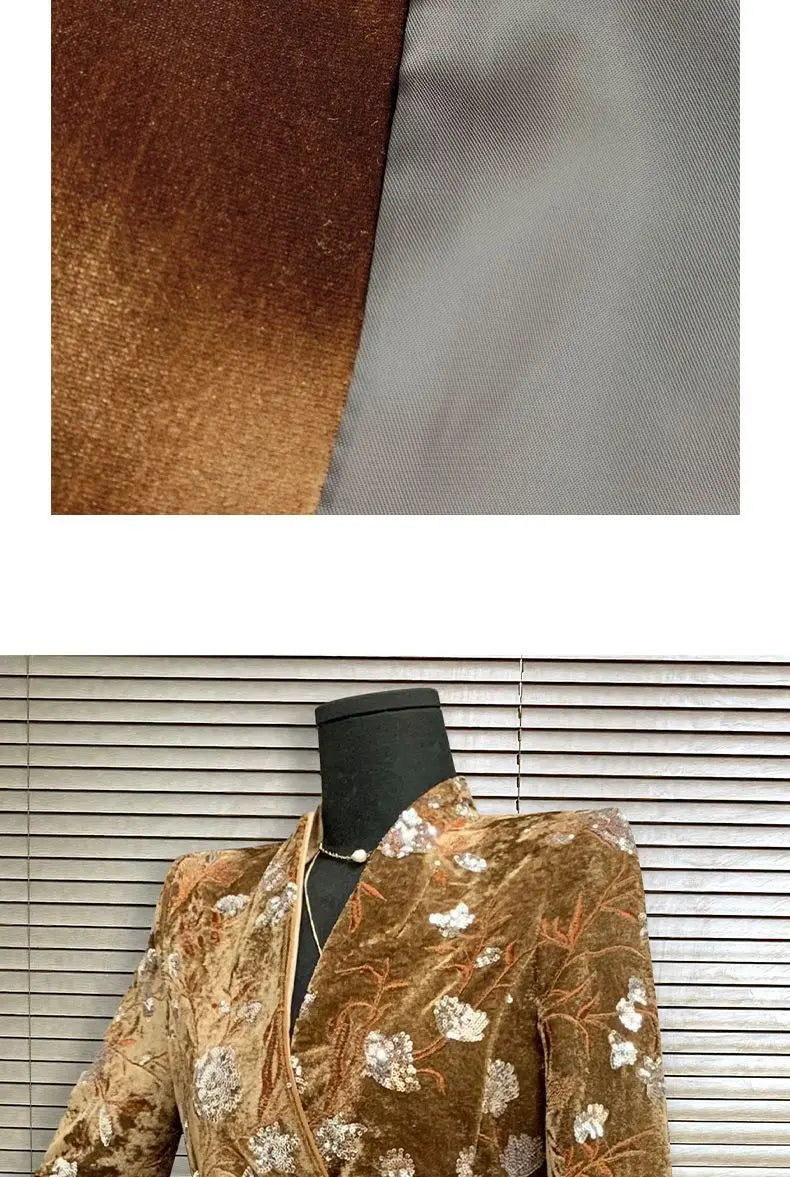 Golden Velvet Adjustable Waist Windbreaker Coat Autumn/Winter New English style Luxury Sequin Embroidered Women's Coat