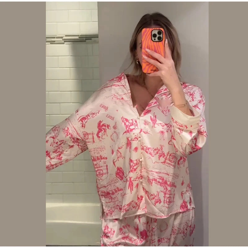 Casual Print Blouse and Wide Leg Pants Set for Women