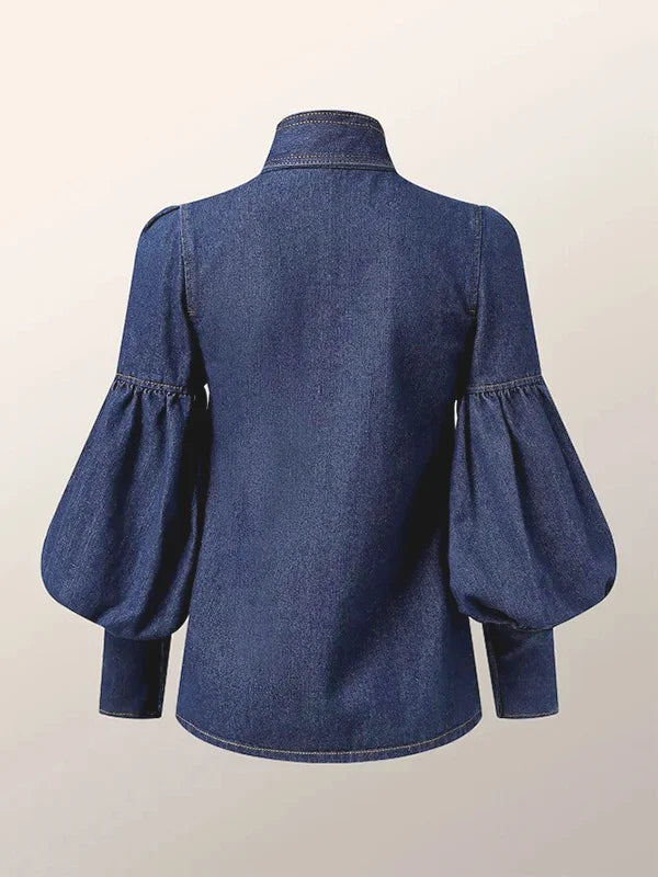 Gymystars New Trendy Imitation Denim Blouse Tops for Women Long Puff Sleeves Bow-Embellished High Neck Women's Autumn Shirts
