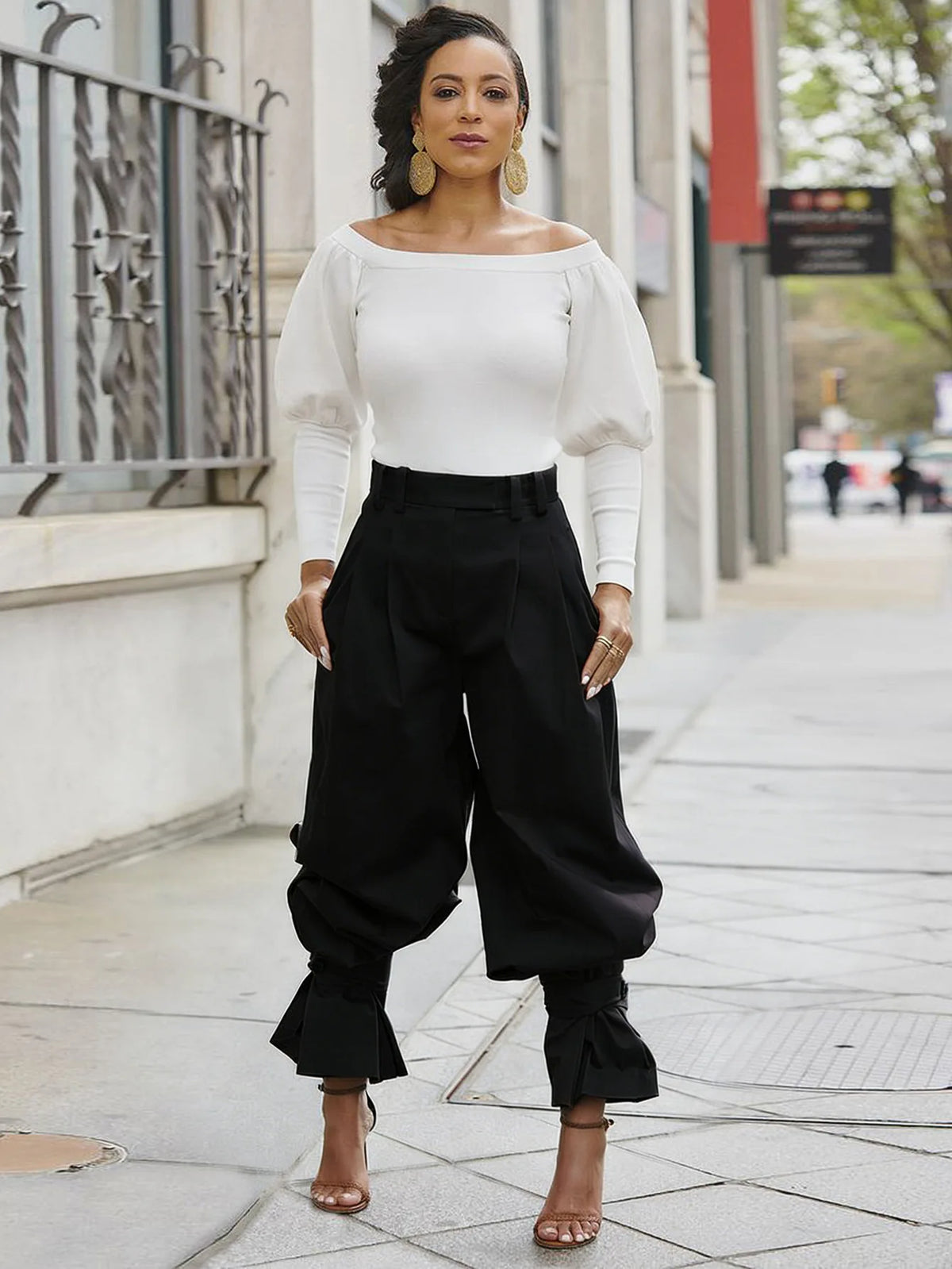 Ruched Stretch Wide Leg Casual Work Trousers for Women