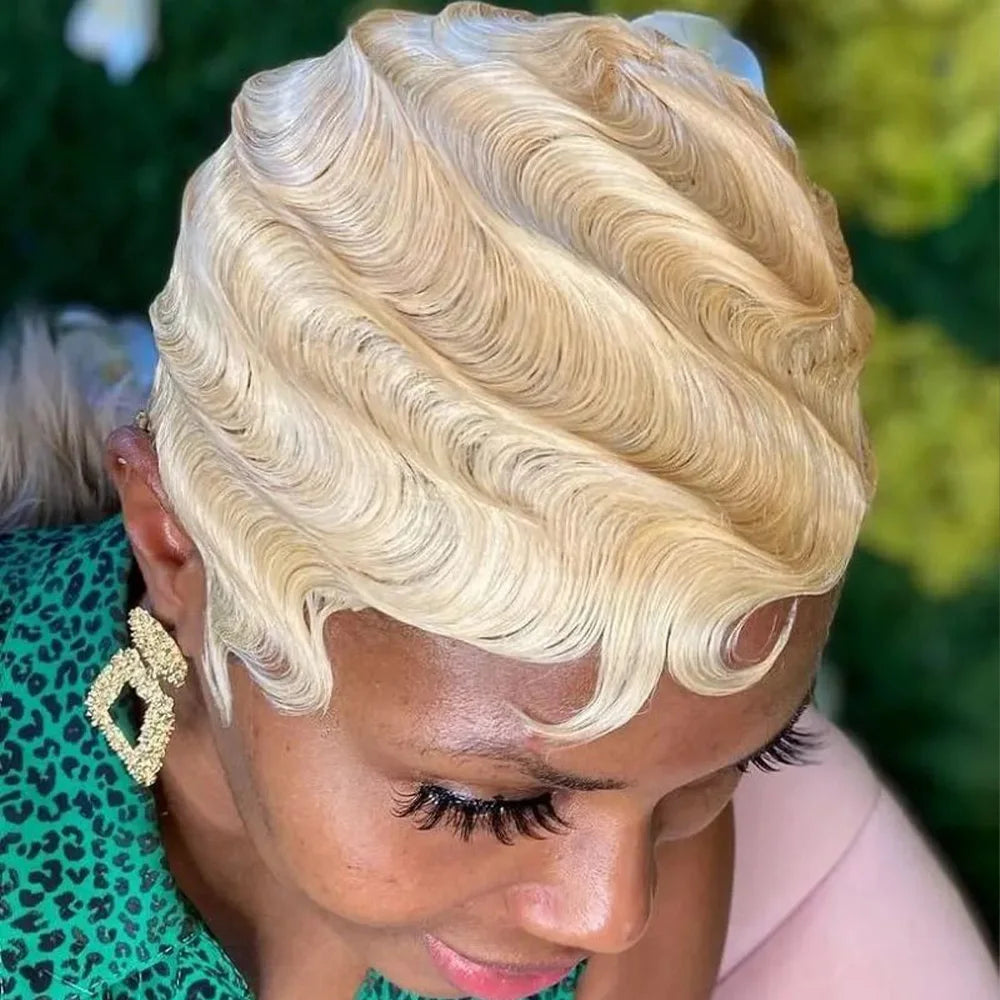 Blonde Finger Wave Pixie Cut Human Hair Wig For Women