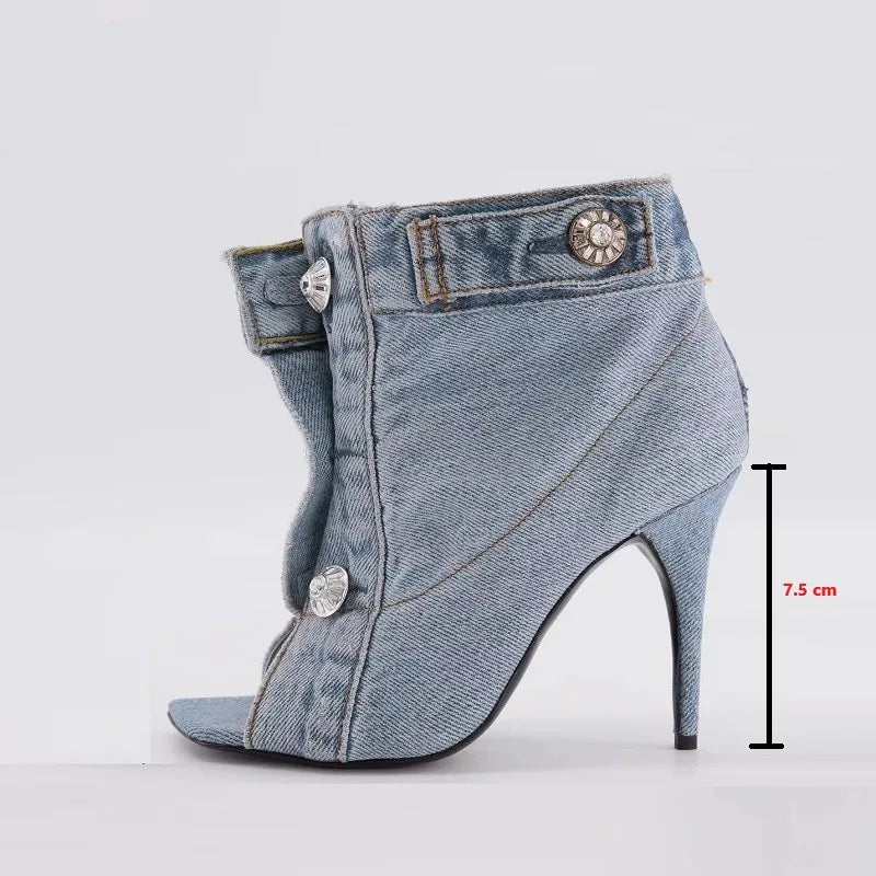 Elegant Denim Look Strappy Peep Toe Stiletto Sandals for Women