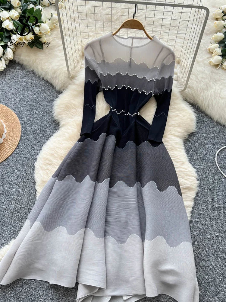 Wave Print Long Sleeve Ankle Length Evening Dress for Women