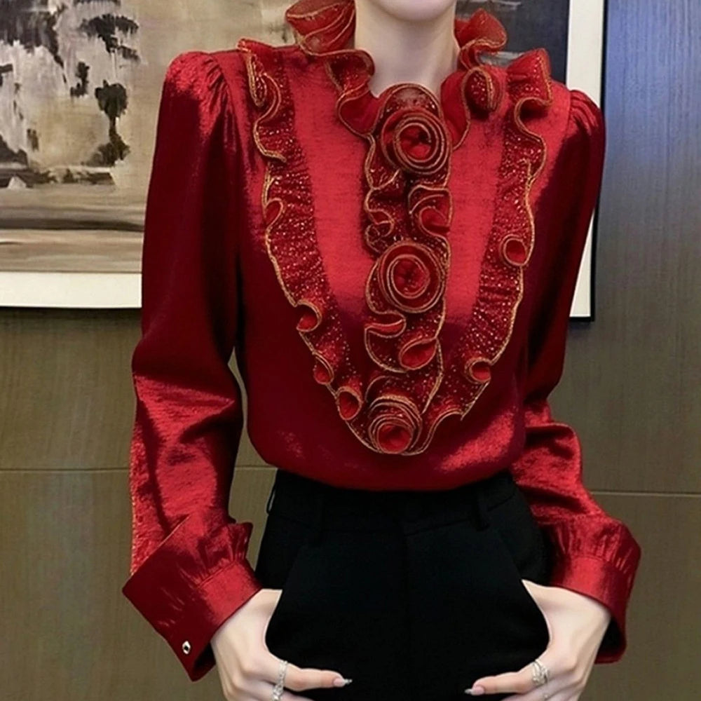 French Inspired Red Scalloped Edge Casual Top for Women
