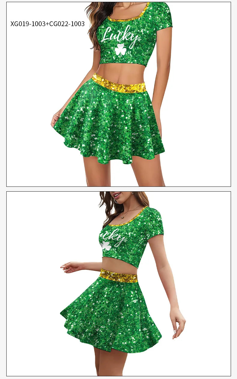 Festive Irish Green Shamrock Plaid Knit Skirt Set for Women