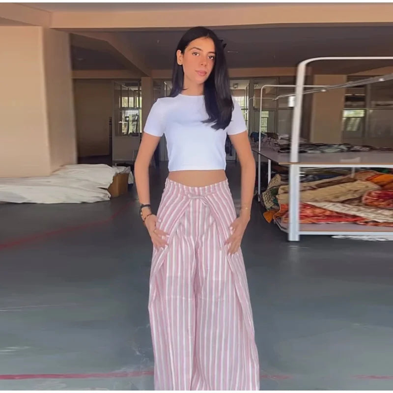 Pink And White Striped Wide Leg Pants With Sash Belt for Women